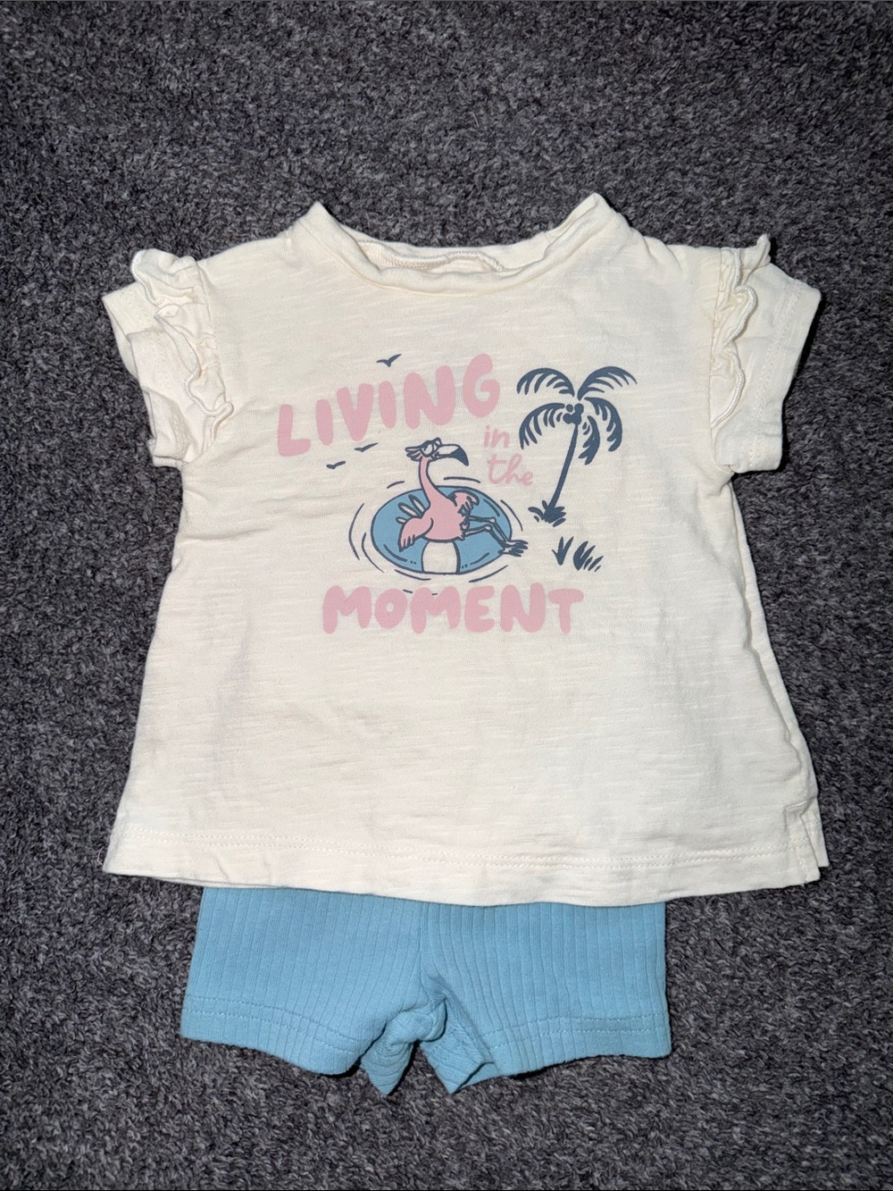 Girls Cream Graphic Tee with Light Blue Ribbed Shorts